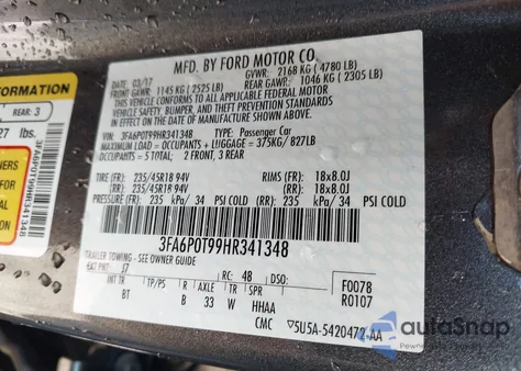 2017 Ford Fusion Se из США, поврежденный, VIN 3FA6P0T99HR341348